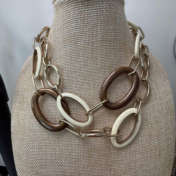 Banana Republic Long Gold-Tone Chain Link Necklace With Cream & Brown Accents - Picture 13 of 16
